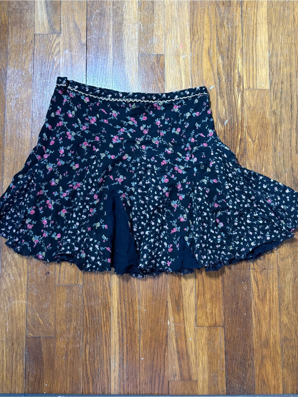 Free People Vintage 1999 Black Floral Midi Skirt with Pink Rose Print XS